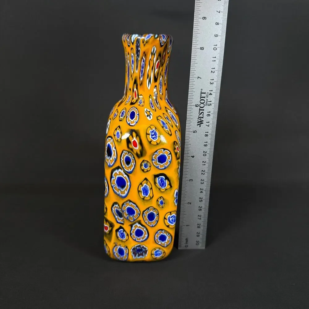 Murano Millefiori Art Glass Vase Yellow Orange Blue Multicolor 8.5